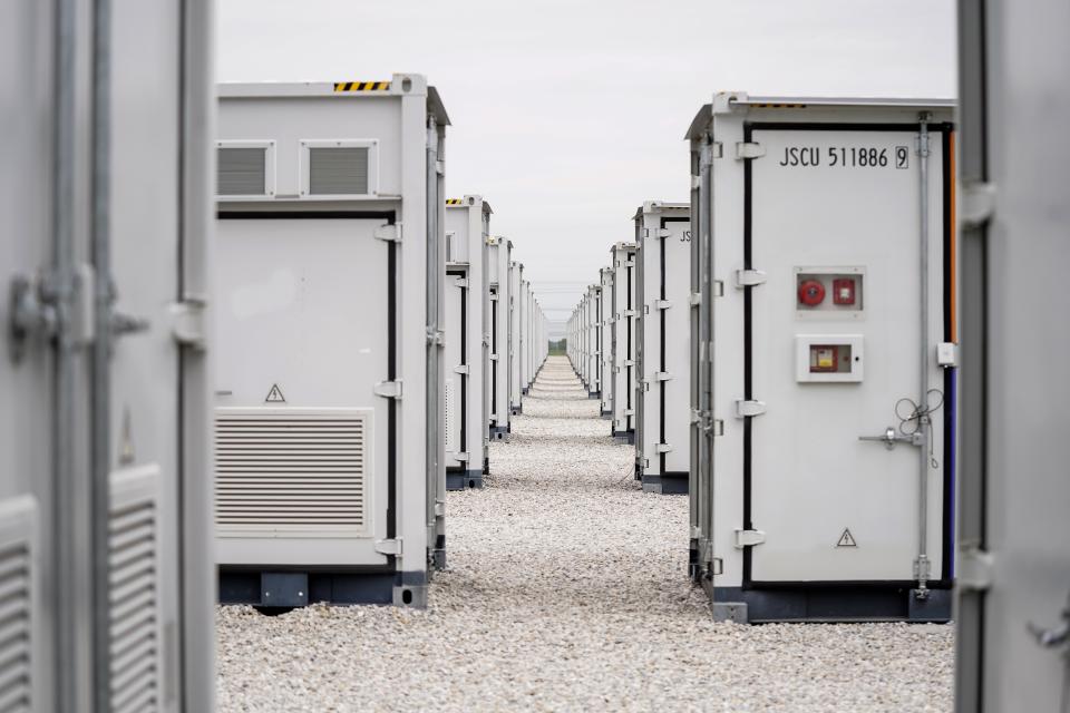 This photo shows a battery energy storage facility in Saginaw, Texas, April 25, 2023, that is owned and operated by Eolian L.P. Eolian will begin construction later this year in Portland, Ore., on projects to serve Portland General Electric, the utility that serves metropolitan Portland, the largest battery procurement of their kind outside California. (AP Photo/Sam Hodde)