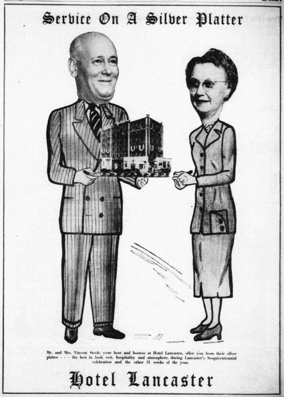 Vincent L. and Helen Steele lived and worked at the Hotel Lancaster beginning in 1942. He was the hotel manager, and she managed the hotel grill and gift shop. They were known 
for their humorous ads. This one appeared in the Eagle-Gazette June 3, 1950 offering "Service on a Silver Platter."