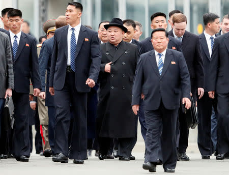 North Korean leader Kim Jong Un arrives at the railway station in the Russian far-eastern city of Vladivostok, Russia, April 24, 2019. REUTERS/Shamil Zhumatov