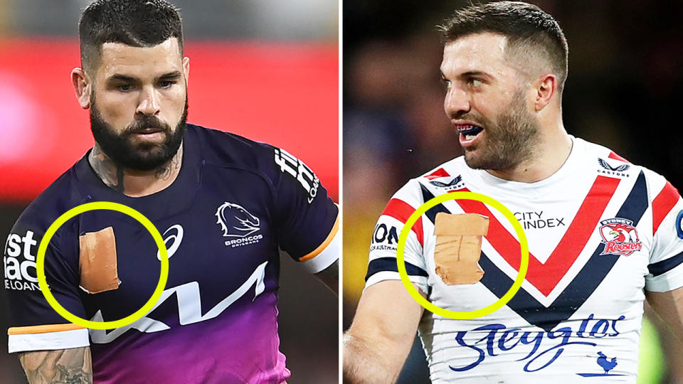 James Tedesco and Adam Reynolds wear jerseys with the NRL logo covered up.