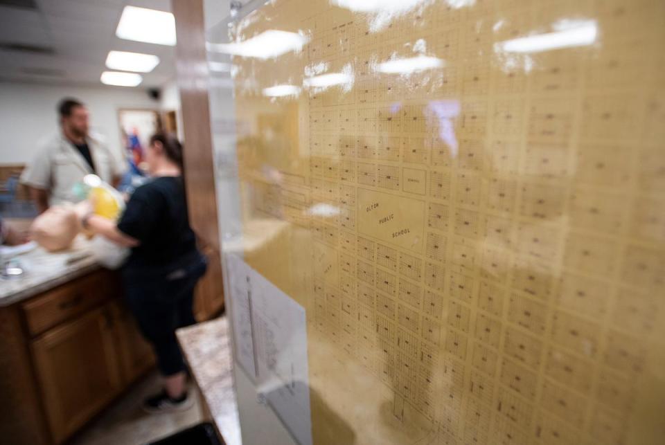 An Olton city map hangs in the Olton Volunteer Ambulance Association Monday, July 10, 2023, in Olton, Texas. (Justin Rex for The Texas Tribune)