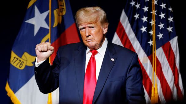 PHOTO: Former President Donald Trump reacts to applause after speaking at the North Carolina GOP convention dinner in Greenville, North Carolina, June 5, 2021. (Jonathan Drake/Reuters, FILE)