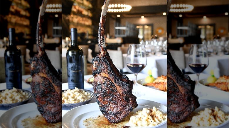 Tomahawk steak standing on end