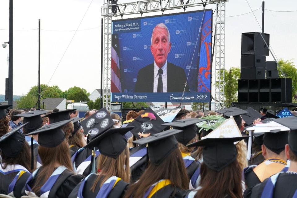 Dr. Anthony Fauci speaks virtually at Roger Williams University commencement, Friday in Bristol.