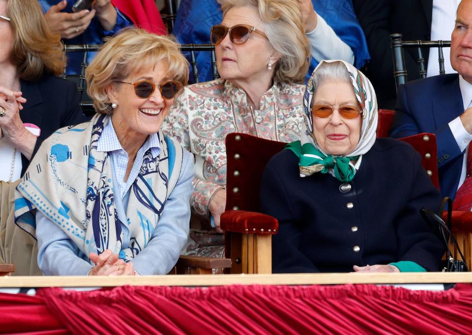 windsor, united kingdom   may 13 embargoed for publication in uk newspapers until 24 hours after create date and time queen elizabeth ii, accompanied by penelope knatchbull, countess mountbatten of burma, watches her horse balmoral leia win the horse  hound mountain  moorland supreme in hand championship on day 2 of the royal windsor horse show at home park, windsor castle on may 13, 2022 in windsor, england photo by max mumbyindigogetty images