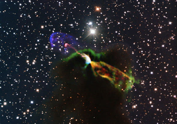 This image of Herbig-Haro object HH 46/47 combines radio observations acquired with the Atacama Large Millimeter/submillimeter Array (ALMA) with much shorter wavelength visible light observations from ESO’s New Technology Telescope (NTT). The A