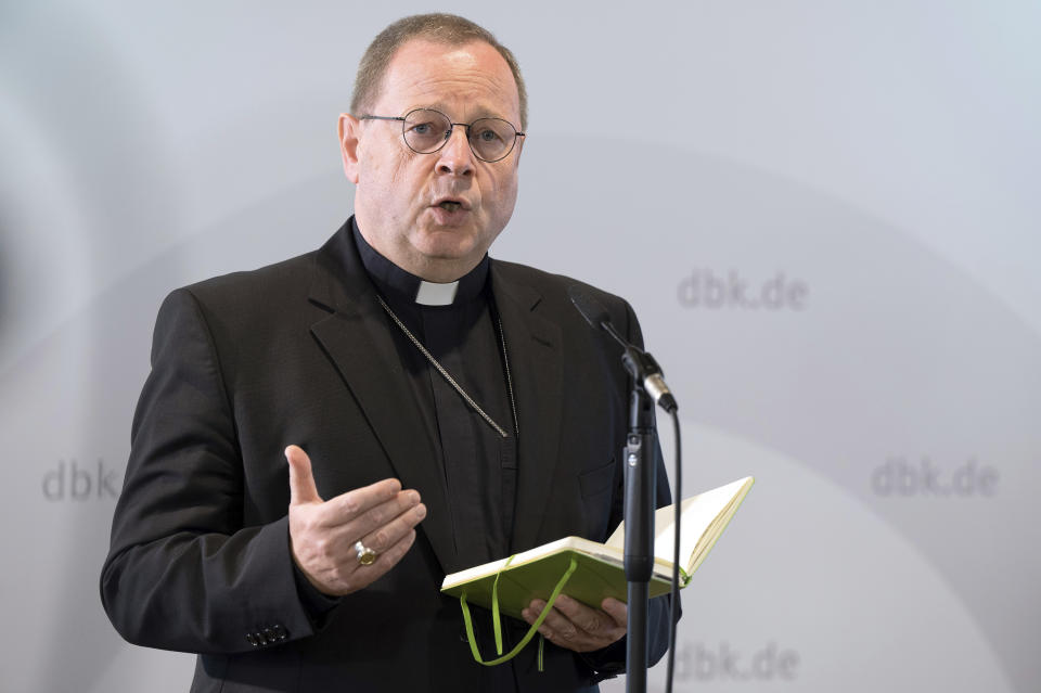 Georg Baetzing, Bishop of Limburg and President of the German Bishops' Conference, speaks at a press conference at the beginning of the Autumn Plenary Assembly of the German Bishops' Conference in Fulda, Germany, Monday, sept. 20, 2021. The Autumn Plenary Assembly will take place from 20 to 23 September 2021. (Sebastian Gollnow/dpa via AP)