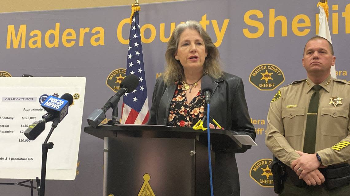 Madera County District Attorney Sally Moreno speaks Wednesday, Nov. 2, 2022, at a news conference.