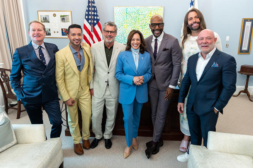 Vice President Kamala Harris greets the cast and show creators of Queer Eye Thursday, June 13, 2024, in her West Wing Office at the White House.