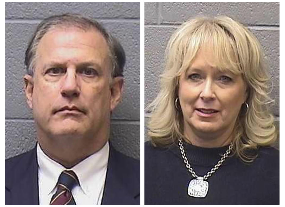 FILE - This combo of Jan. 6, 2022, booking photos provided by the Midwest City, Okla., Jail shows Oklahoma House Speaker Pro Tempore Terry O'Donnell and his wife Teresa O'Donnell. Oklahoma Attorney General Gentner Drummond said Thursday, April 6, 2023, that he plans to drop all criminal charges against O’Donnell and his wife. O'Donnell was accused of misusing his power as a lawmaker to change state law so his wife could become a tag agent. (Midwest City Jail via AP, File)