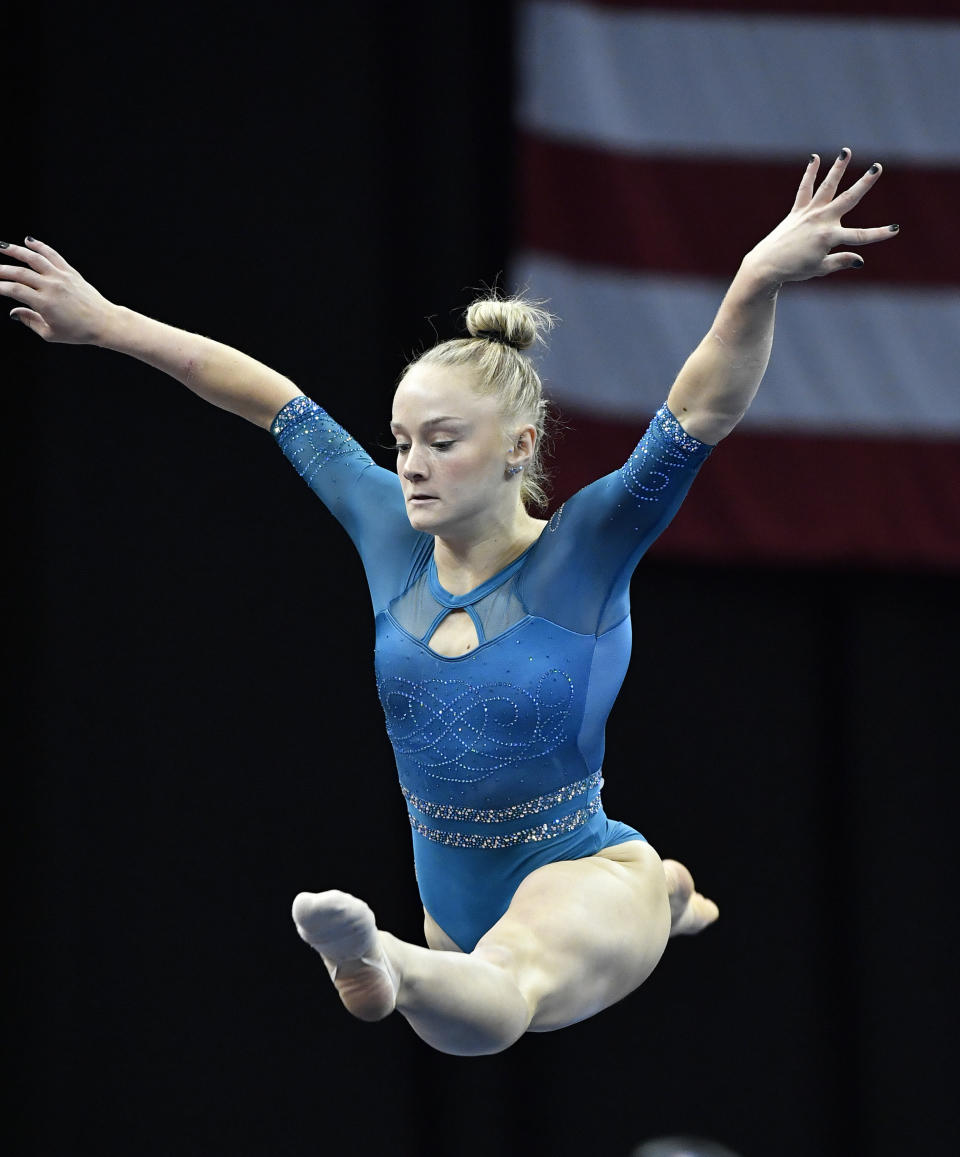 Riley McCusker performs her floor exercise program during the GK US Classic gymnastics meet in Louisville, Ky., Saturday, July 20, 2019. (AP Photo/Timothy D. Easley)