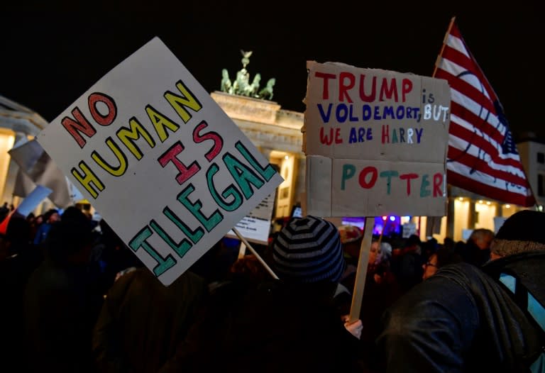 An anti-Donald Trump rally, on the day of his inauguration as US President, in front of Brandenburg Gate on January 20, 2016 in Berlin