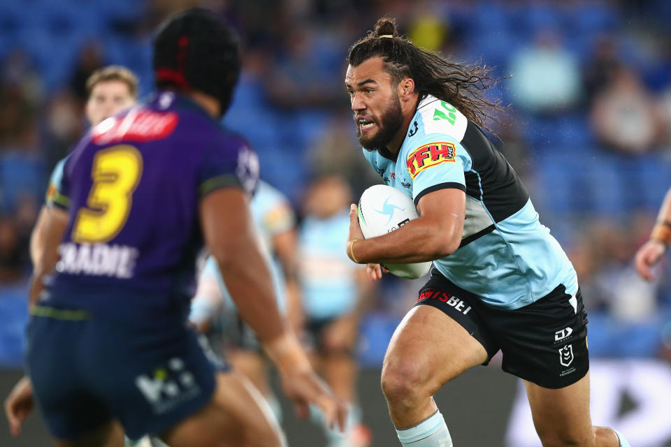 Toby Rudolf, pictured here in action for Cronulla against Melbourne Storm.