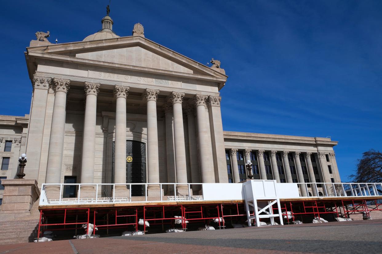 The stage and media platforms for the Oklahoma governor's inauguration ceremony were under construction Thursday on the south plaza of the state Capitol. Gov. Kevin Stitt and all statewide elected officials will be sworn in during a ceremony on Monday that is open to the public.