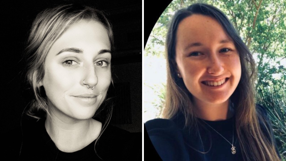 Melissa Barrass smiles at camera in black and white photo, Sarah Webb smiles at camera with plants in the background. 