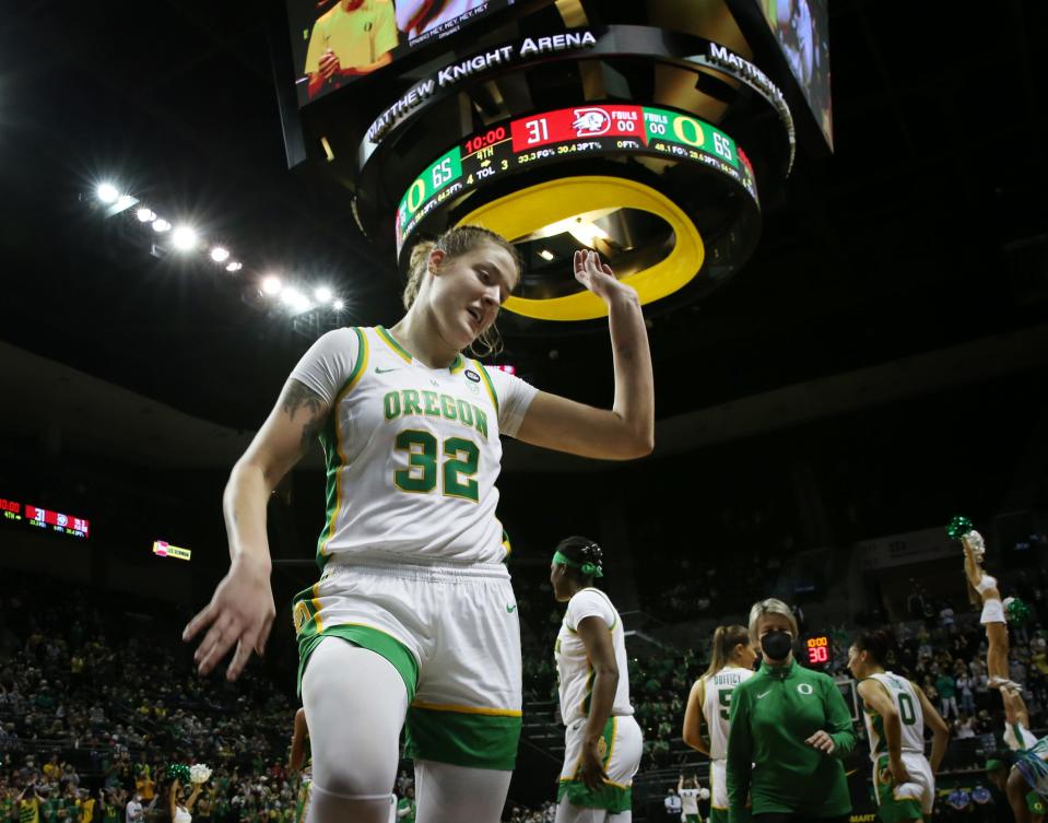 Oregon's Sedona Prince dances to "Shout" during a timeout during the game against Dixie State.