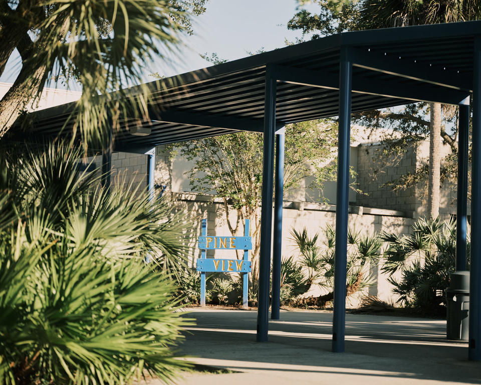 A photo of Pine View School's entrance. There is a bright blue wooden sign that reads "PINE VIEW" in a hand made font. There are palm trees around.