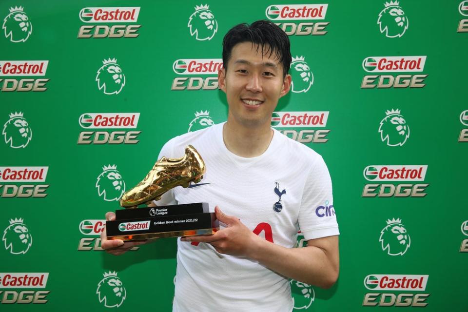 Tottenham’s Son Heung-min poses with the Golden Boot after reaching 23 goals for the season (Nigel French/PA) (PA Wire)