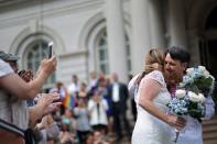 <p>A couple embraced before their wedding ceremony in NYC on June 26, 2015, the day the Supreme Court handed down a decision legalizing gay marriage in all 50 states.</p><p><strong>RELATED: </strong><a href="https://www.redbookmag.com/life/friends-family/a47167/easy-ways-to-help-out-on-family-volunteer-day/" rel="nofollow noopener" target="_blank" data-ylk="slk:10 Easy Ways Your Family Can Give Back Together;elm:context_link;itc:0;sec:content-canvas" class="link "><strong>10 Easy Ways Your Family Can Give Back Together</strong></a></p>