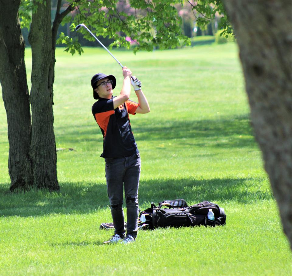 Summerfield's Dylan Diesing hits a shot up onto the green during the Monroe County Championship Monday.