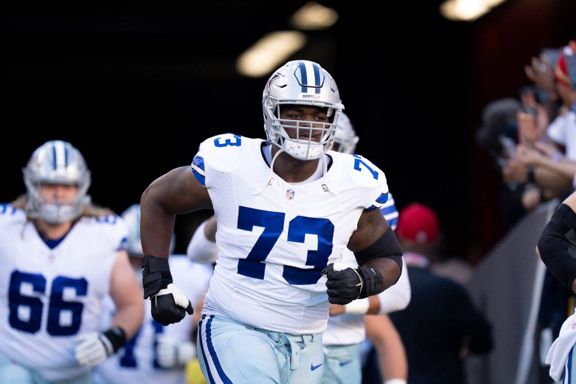 Dallas Cowboys offensive tackle Tyler Smith (73) before the game against the San Francisco 49ers at Levi’s Stadium. Smith was the No. 24 pick in the 2022 NFL Draft. The Cowboys have the same drafting slot again this week.