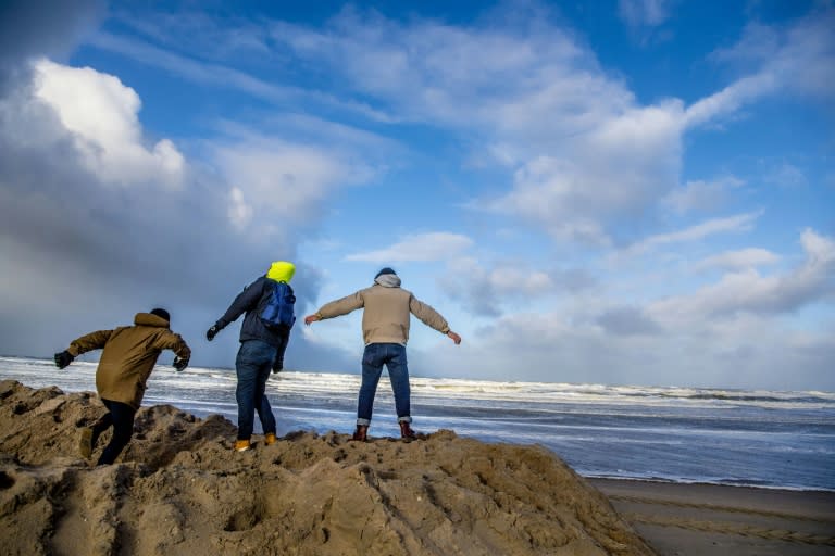 Severe winds batter a beach near Rotterdam, the Netherlands