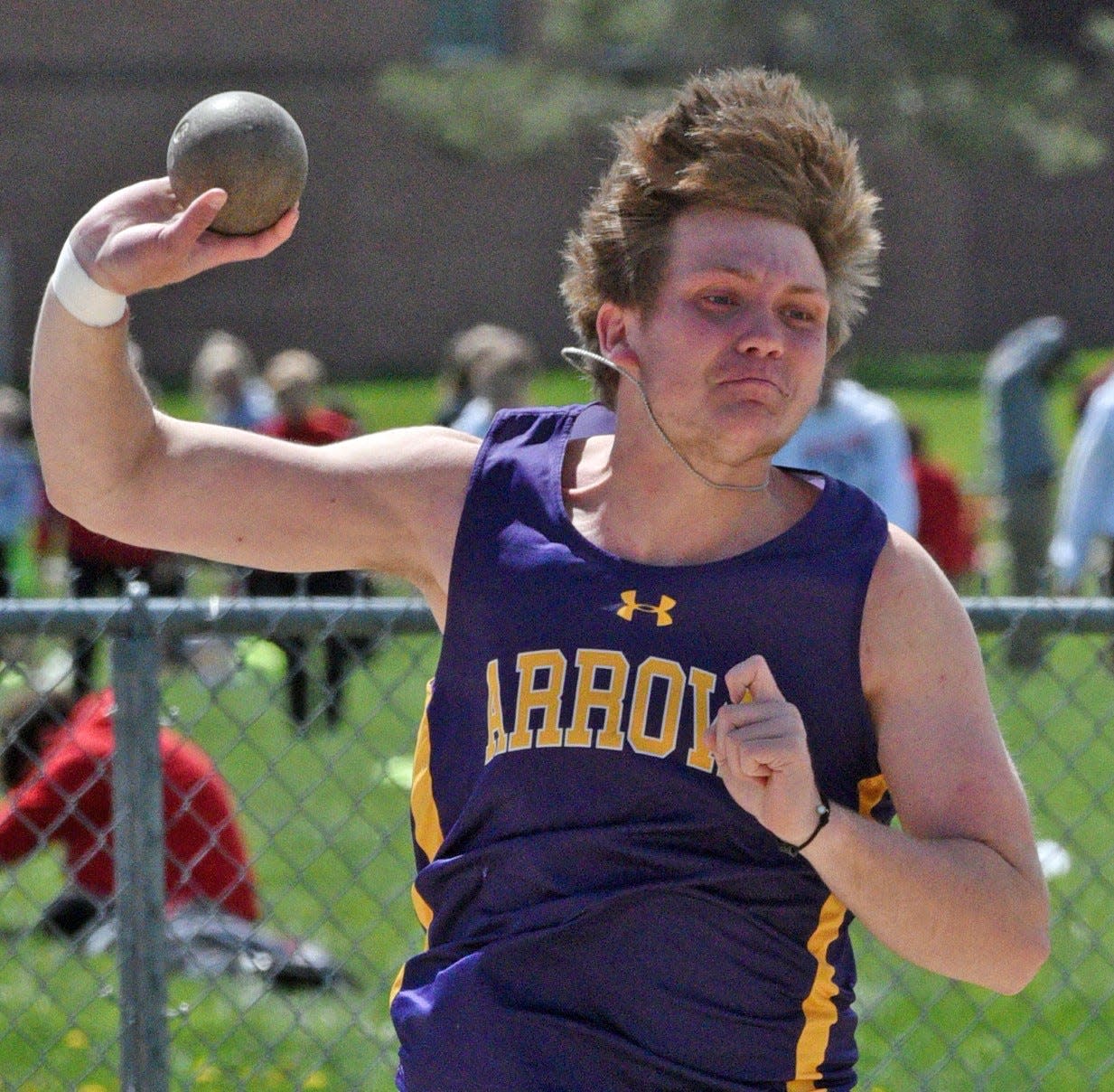 Hunter Wientjes of Watertown competes in the boys' shot put during the Eastern South Dakota Conference Track and Field Championships on Saturday at Yankton's Williams Field. Wientjes placed in both the shot put and discus.