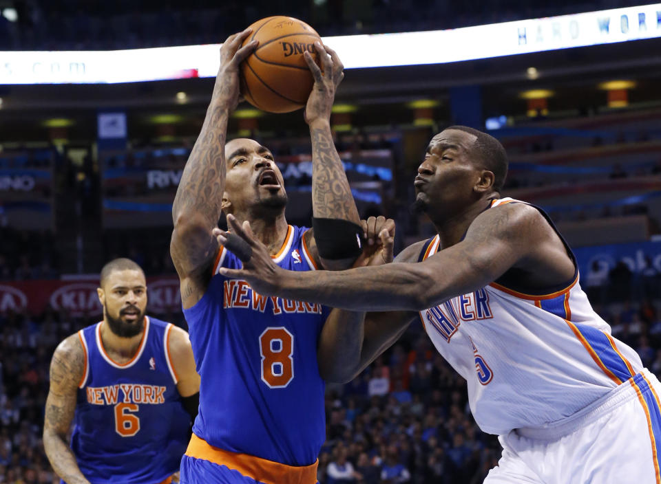 New York Knicks guard J.R. Smith (8) is fouled by Oklahoma City Thunder center Kendrick Perkins (5) in the second quarter of an NBA basketball game in Oklahoma City, Sunday, Feb. 9, 2014. (AP Photo/Sue Ogrocki)