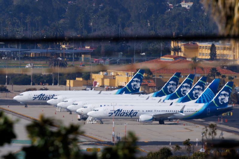 Alaska Airlines commercial airplanes are shown parked in San Diego