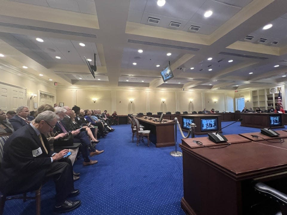 Community college leaders from across the state fill the front row of a budget hearing of the House Ways and Means Committee’s Education and Economic Development Subcommittee in Annapolis on Feb. 1, 2024. Del. Stephanie Smith, D-Baltimore City, chairs the subcommittee.