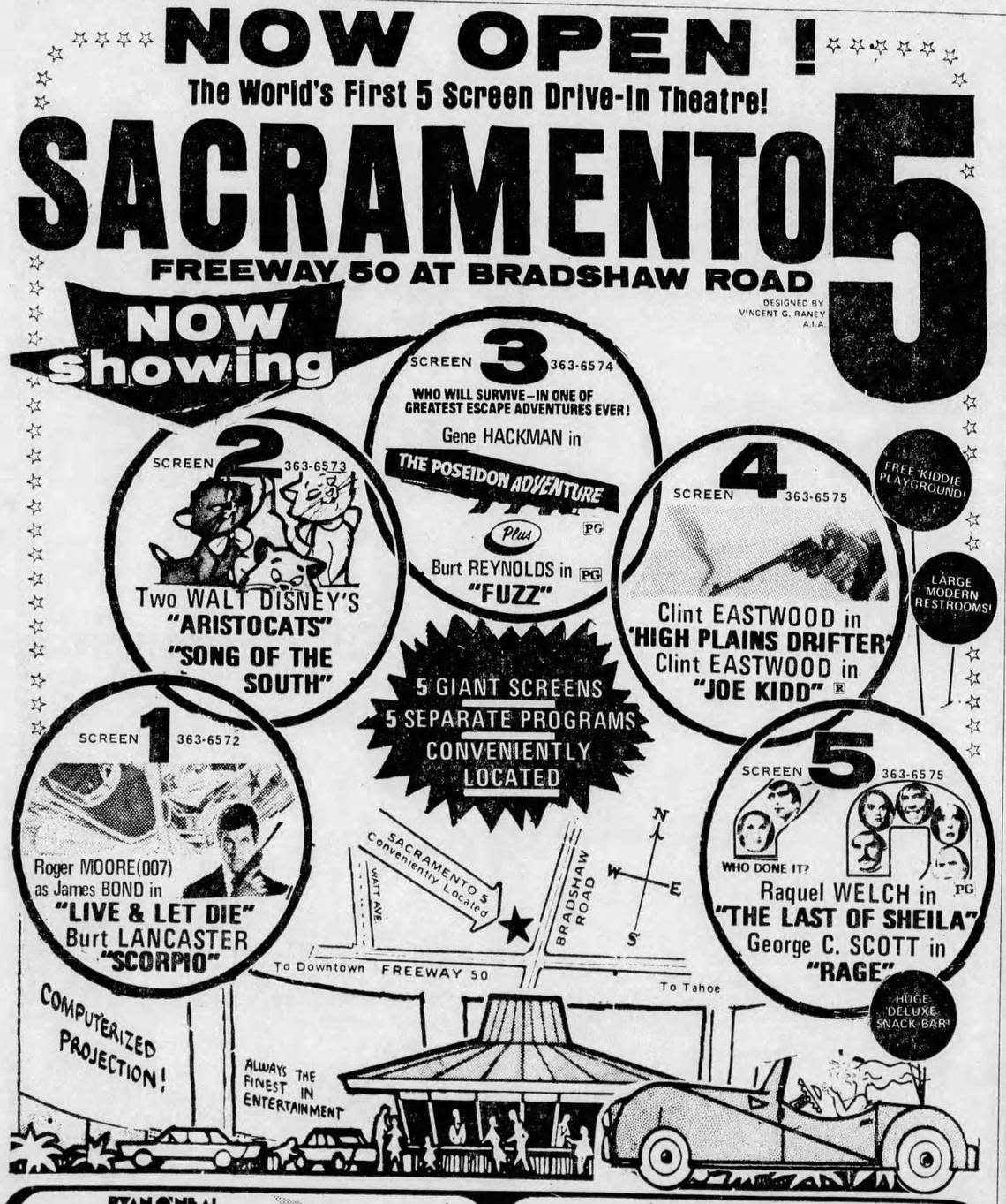 The Sacramento 6 Drive-in, formerly Sacramento 5, announces its opening in and advertisement in the June 30, 1973, edition of The Sacramento Bee.
