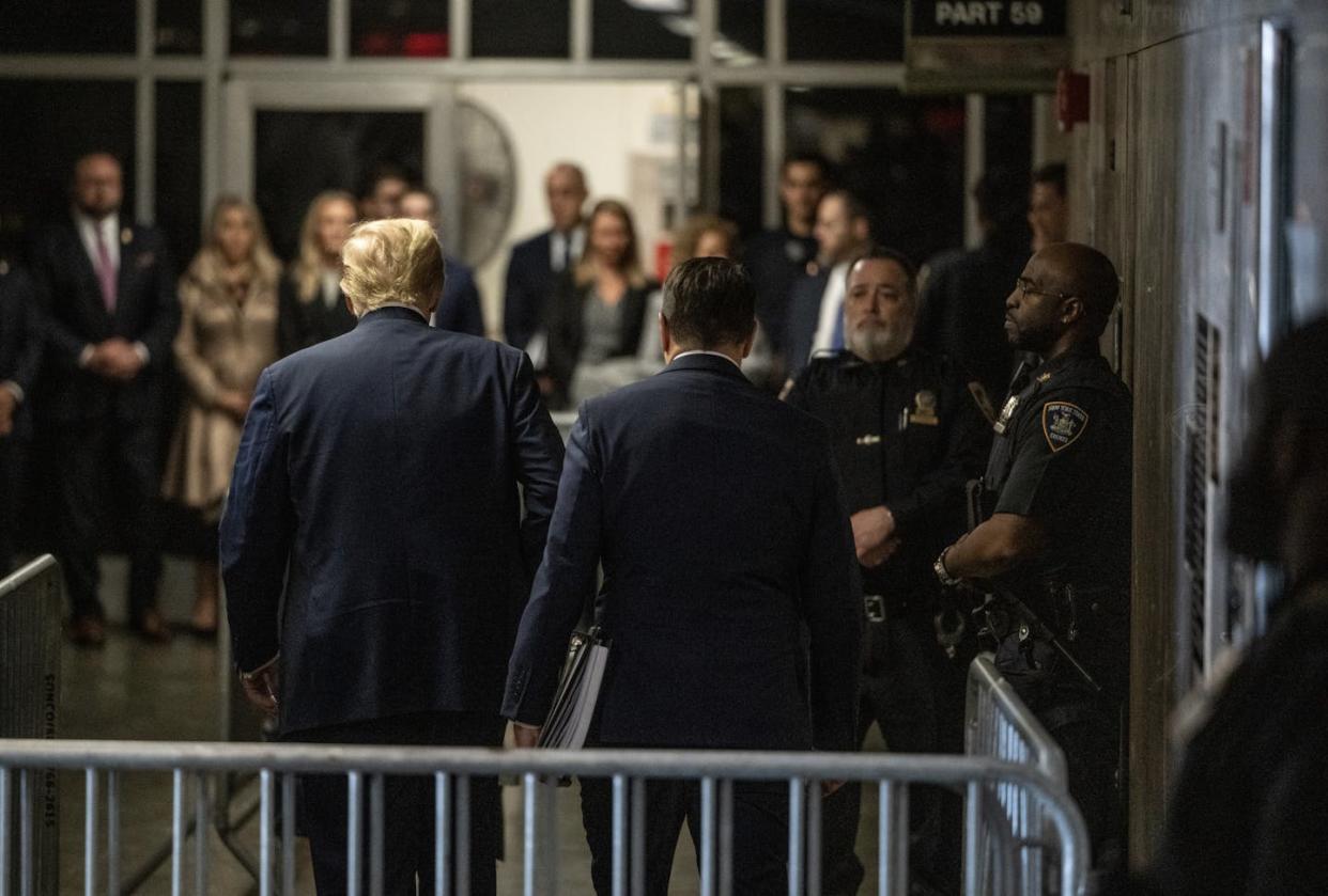 Former U.S. President Donald Trump enters Manhattan Criminal Court on April 22, 2024. <a href="https://www.gettyimages.com/detail/news-photo/former-u-s-president-donald-trump-speaks-to-the-media-news-photo/2148008186?adppopup=true" rel="nofollow noopener" target="_blank" data-ylk="slk:Victor J. Blue - Pool/Getty Images;elm:context_link;itc:0;sec:content-canvas" class="link ">Victor J. Blue - Pool/Getty Images</a>