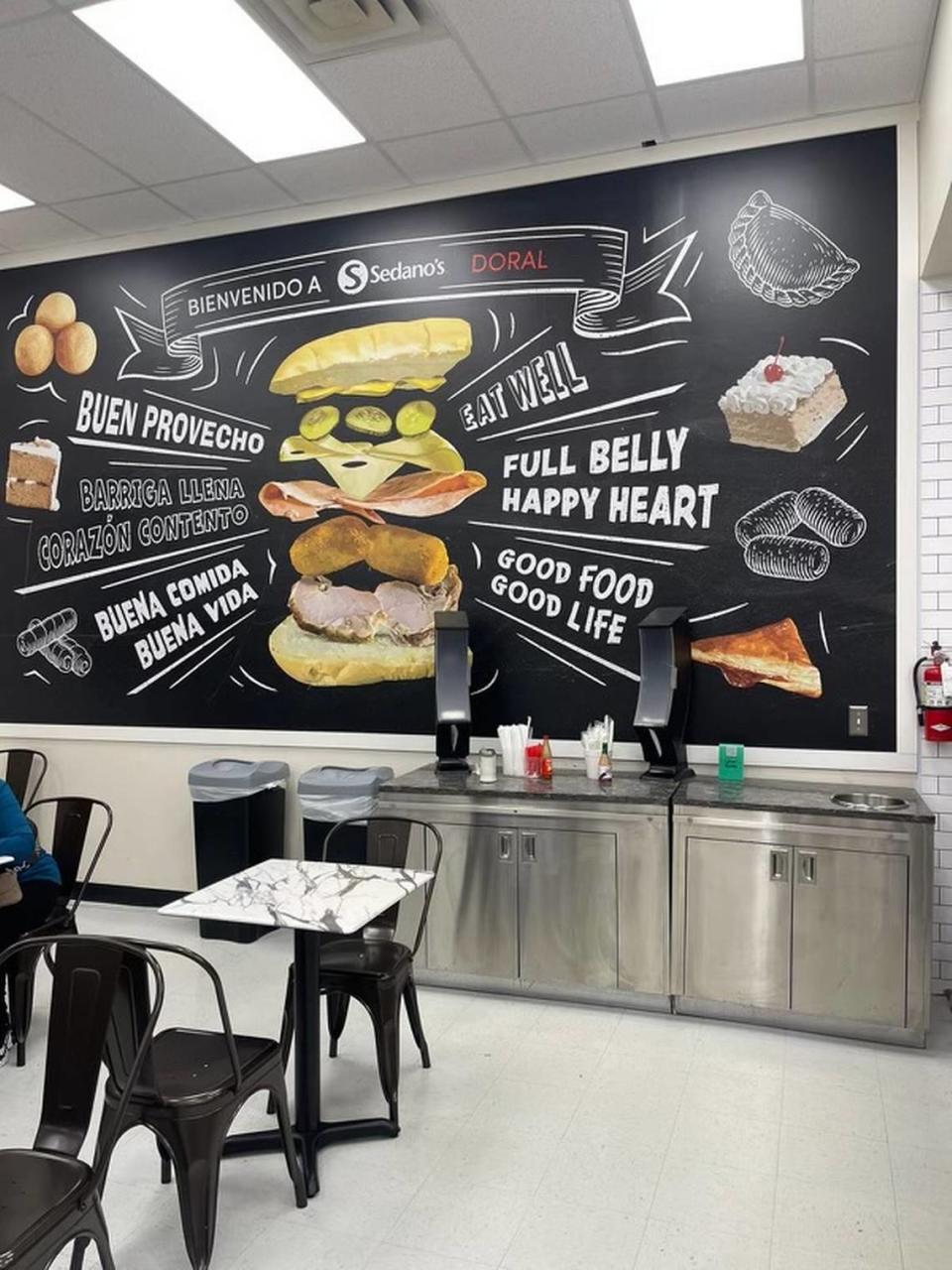 A welcoming board to the Sedano’s in-store cafe area inside its Doral grocery store.