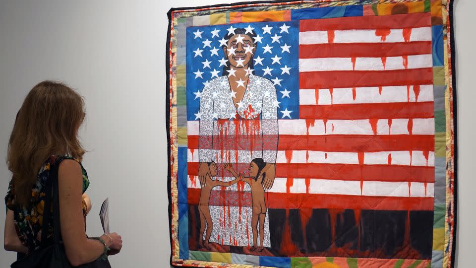 Ringgold's 1997 work "The Flag is Bleeding #2," on display during a preview at Art Basel on December 4, 2019, in Miami Beach, Florida. - Leila Macor/AFP/Getty Images