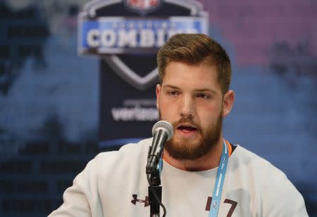 Feb 28, 2019; Indianapolis, IN, USA; Alabama offensive lineman Jonah Williams (OL57) speaks to the media during the 2019 NFL Combine at the Indianapolis Convention Center. Mandatory Credit: Brian Spurlock-USA TODAY Sports