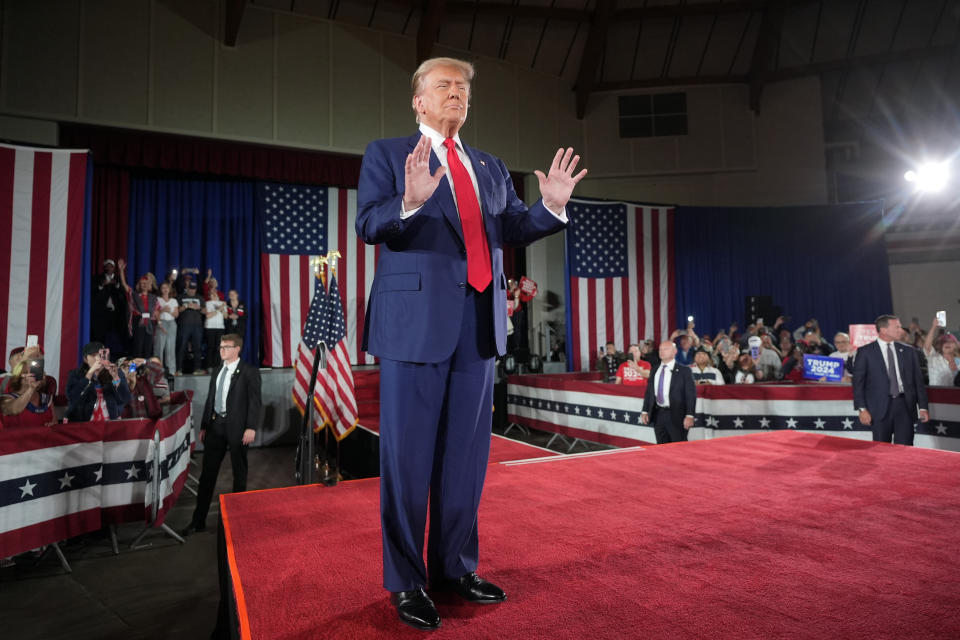 Republican presidential candidate former President Donald Trump arrives to speak at a campaign rally on Wednesday, May 1, 2024, at the Waukesha County Expo Center in Waukesha, Wis. (AP Photo/Morry Gash)