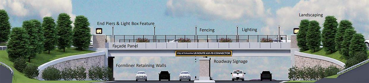 A rendering by Lochmueller Group of how the I-70/U.S. 63 connector could look with proposed design enhancements instead of the standard gray concrete from MoDOT. Enhancements can be paid via city funds, public-private partnerships and grants. 