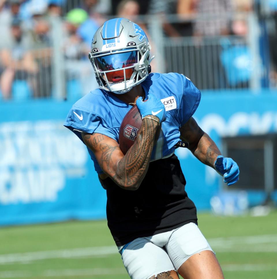 Lions wide receiver Marvin Jones Jr. runs a pass route during the Lions' joint practice with the Jaguars on Wednesday, Aug. 16, 2023, in Allen Park.