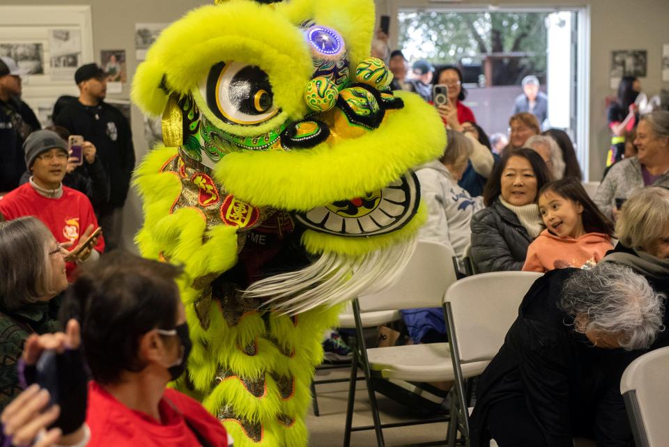 Members of the Lion Dance Me group perform the traditional Lion Dance at the annual Chinese New Year's Festival at the San Joaquin County Historical Museum at Micke Grove in Lodi on Sunday, March, 5, 2023. This is the first time the festival has been held since 2019 due to the COVID-19 pandemic. This is also the first time the event, normally held in downtown Stockton, was held at the museum.