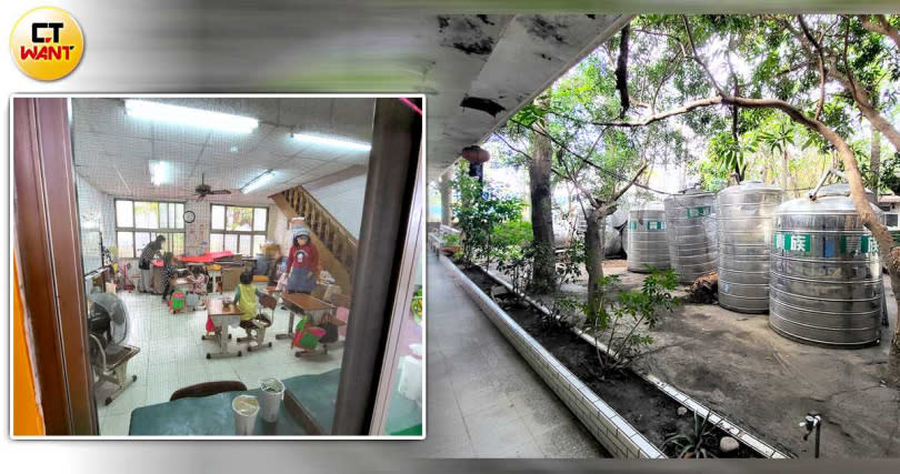 黎明幼兒園內如今只剩4名學童，且校園內擺有多個大水塔，還有大型水車進出穿梭，儼然已轉型成賣水公司。（圖／本刊攝影組，CTWANT合成）