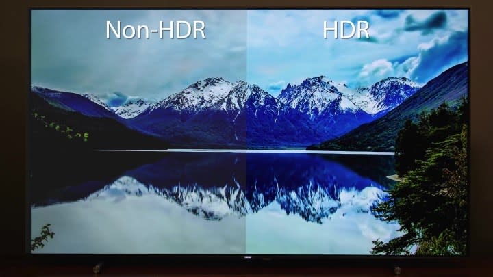 A TV screen showing a mountain scene to comare HRD vs. SDR. 