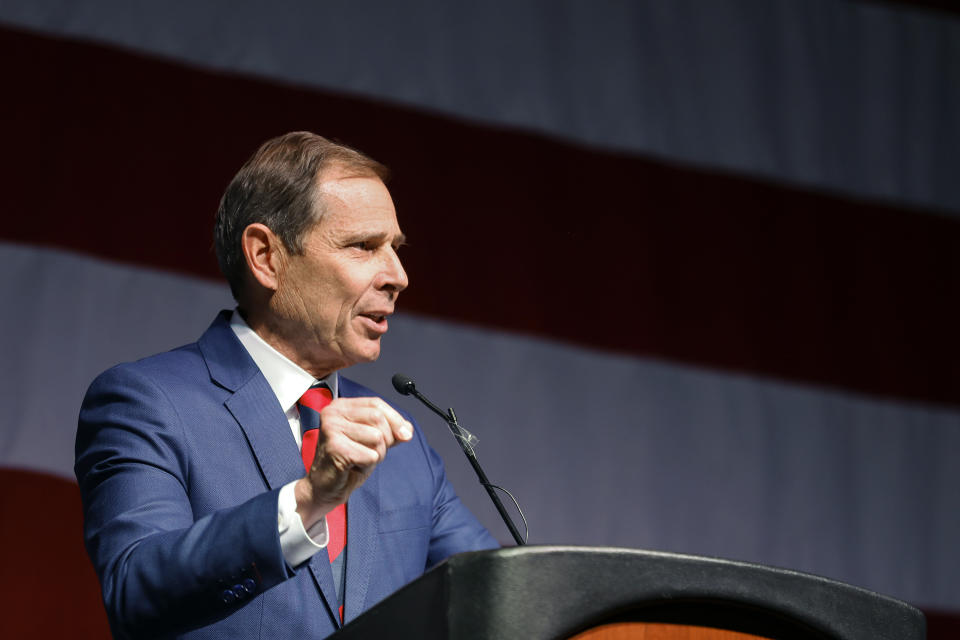 FILE - U.S. Rep. John Curtis speaks during the GOP Convention in Sandy, Utah, on April 23, 2022. The Curtis campaign said the congressman was more focused on legislation and passing bills than branding: "Congressman Curtis doesn't spend his time labeling himself or other Republicans," his campaign manager, Adrielle Herring, said in a statement. (Adam Fondren/The Deseret News via AP, File)