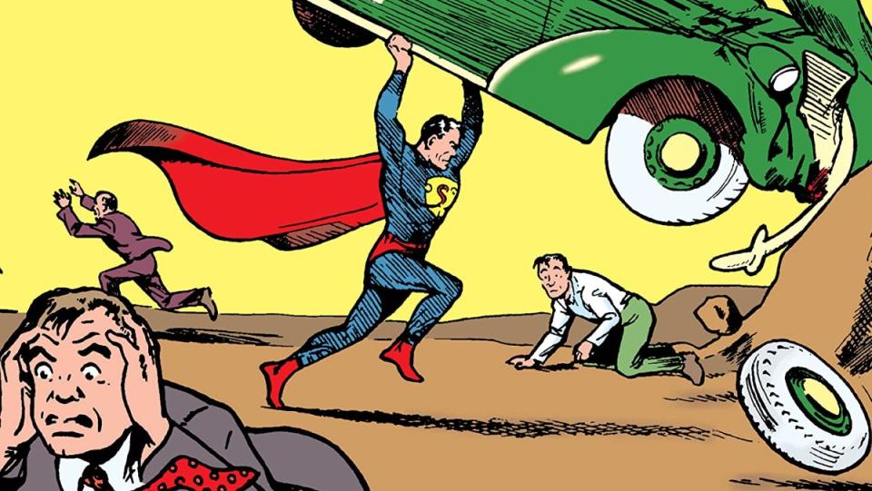 Header image for Action Comics #1 featuring the first appearance of Superman, seen here lifting a green car to save a citizen.