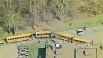 Emergency vehicles are seen in a parking lot outside Franklin Regional High School after reports of stabbing injuries in Murrysville, Pennsylvania April 9, 2014. REUTERS/WPXI/Handout via Reuters