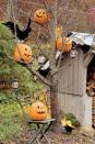 <p>Bare-limbed trees provide the perfect ghostly perch for jack-o'-lanterns, LED candle lanterns, and a flock of faux black crows. Make sure the tree limbs are sturdy enough to support the weight of the items you are hanging and take care not to over-decorate, which can lessen the overall effect. Funkins (Styrofoam pumpkins) are an especially good choice for this project, since they're lightweight and won't rot. </p>