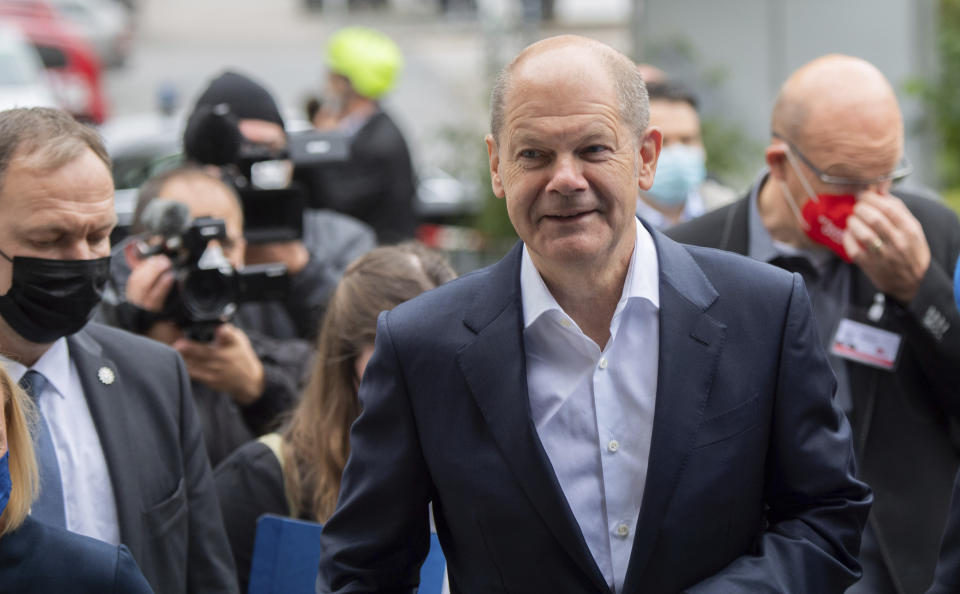 German Finance Minister and Social Democratic Party, SPD, candidate for chancellor Olaf Scholz arrives for an election campaign event named: 'Future talk with employees' in Wolfsburg, Germany, Tuesday, Sept. 21, 2021. (Julian Stratenschulte/dpa via AP)