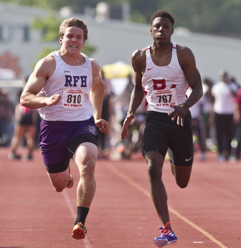 Rumson-Fair Haven's Charlie Volker (left) wins the 100 meter final in 10.81 seconds at the 2015 NJSIAA Meet of Champions at Jost Field in South Plainfield, N.J.