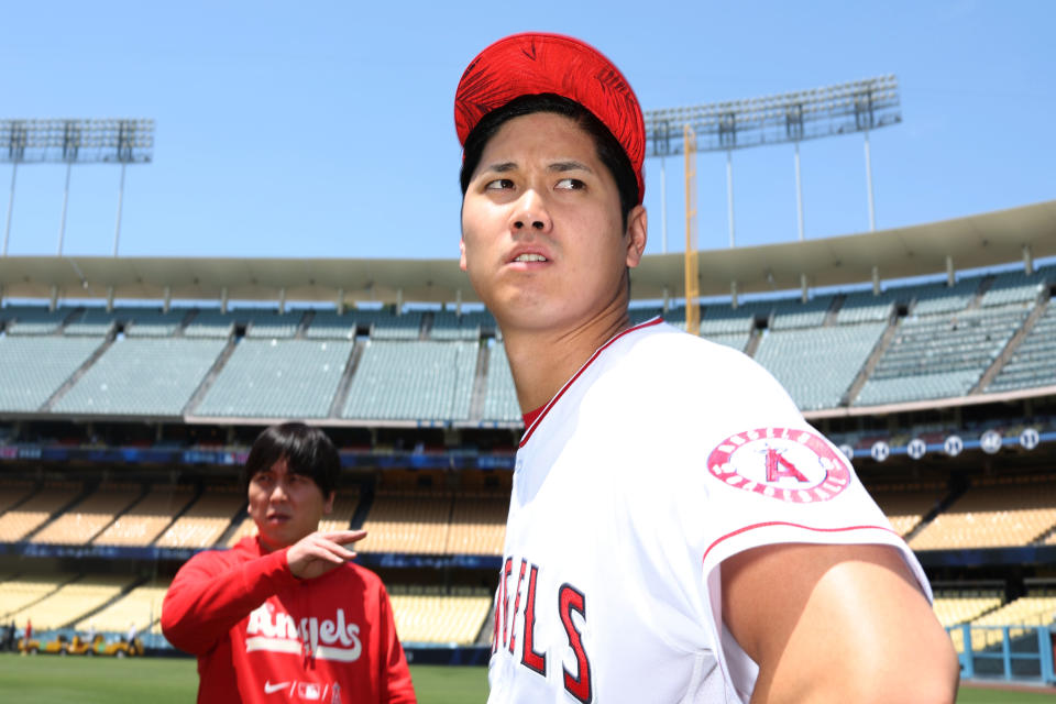 Angels superstar Shohei Ohtani, pictured here at Dodger Stadium during 2022 All-Star festivities, is reportedly a top priority for the Dodgers ahead of his impending free agency after 2023. (Photo by Rob Tringali/MLB Photos via Getty Images)