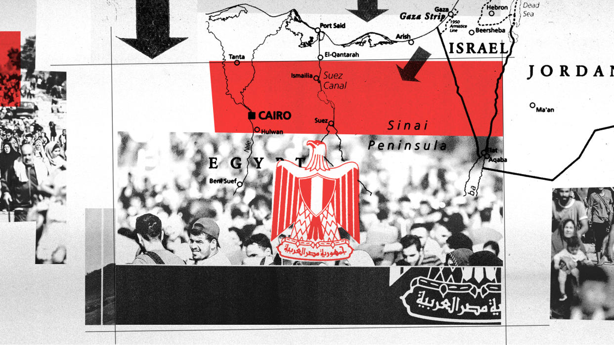  Photo montage of Egyptian flag with map of the Middle East and Palestinian refugees. 