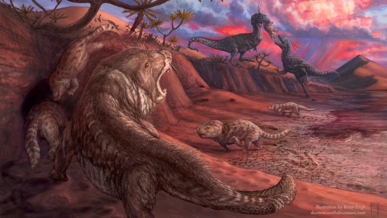  A painting depicting an Early Jurassic scene from the Navajo Sandstone desert preserved at Glen Canyon National Recreation Area. 